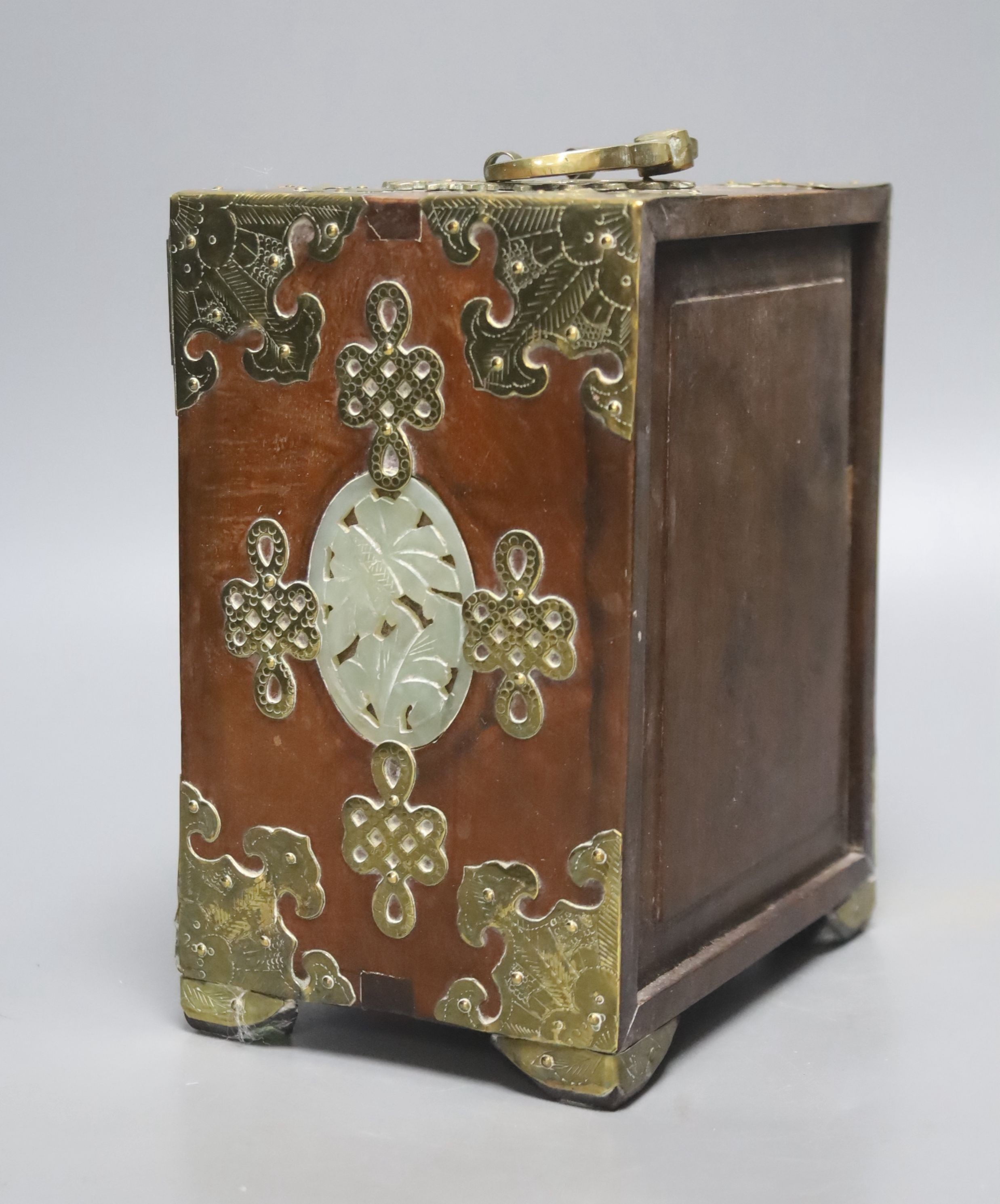 A Chinese chest with carved jade panels and brass mounting, 18 x 14cm